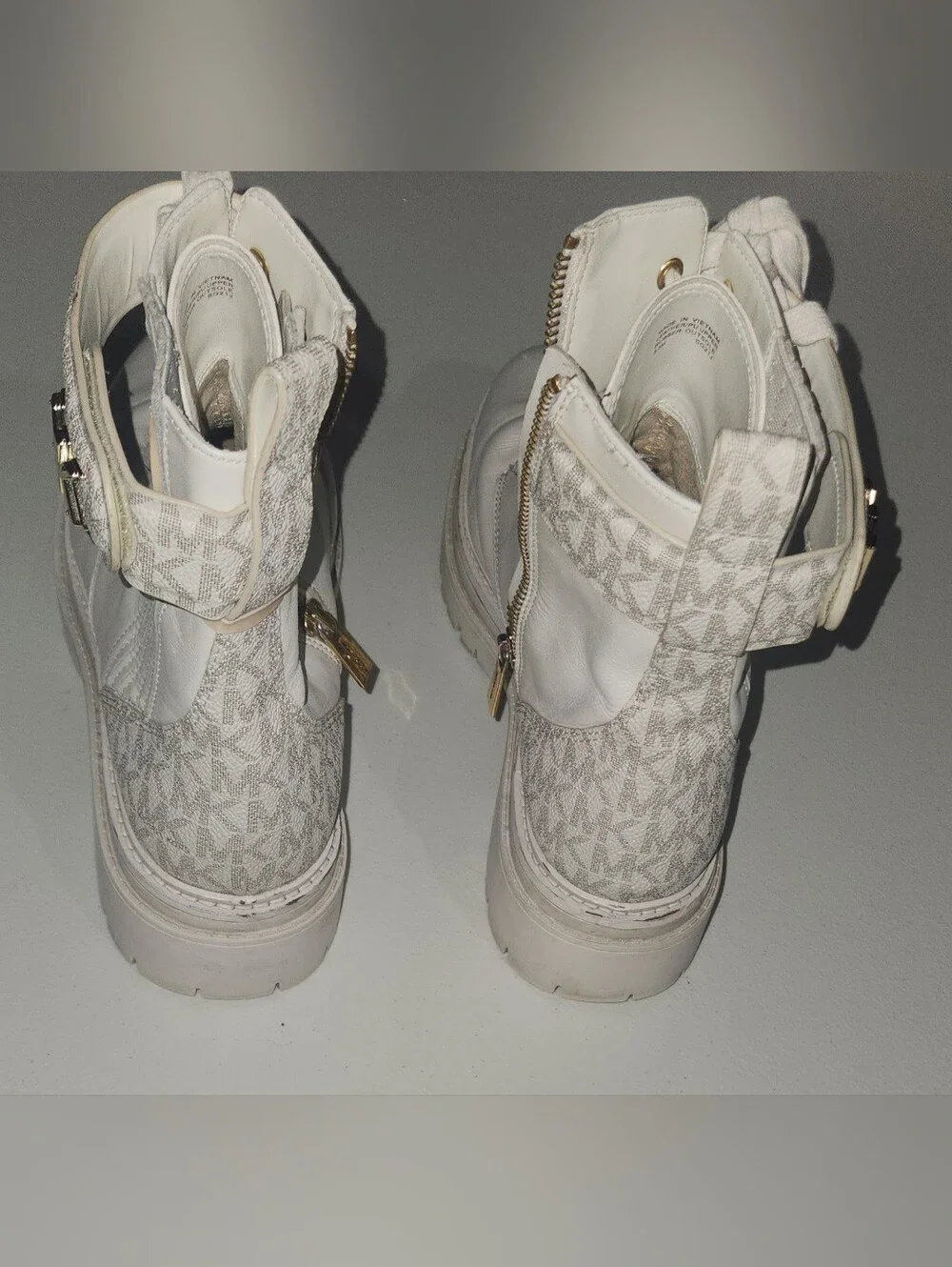 Michael Kors White MK Monogram Combat Boots Size 8.5